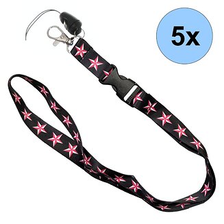 Fako Bijoux - Keycord Print - Lanyard - Sleutelkoord - Badgehouder - 51cm - 20mm - Roze Sterren - 5 Stuks