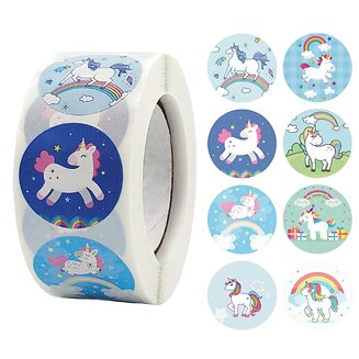 500 Stickers Op Rol - 2.5cm - Eenhoorn / Unicorn Blauw - Beloningsstickers - Stickers Kinderen - Sluitsticker - Sluitzegel - 25mm