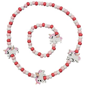 Fako Bijoux - Kinderketting en Armband - Hout - Eenhoorn Roze/Wit