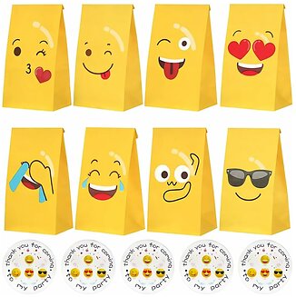 Fako Bijoux - 48 Uitdeelzakjes + Stickers - Emoji / Smiley - 12x8x22cm - Stevig Papier - Traktatie Zakjes - Papieren Zakjes - Cadeau Zakjes - 8 Verschillende Prints - Kraftpapier - 48 Stuks