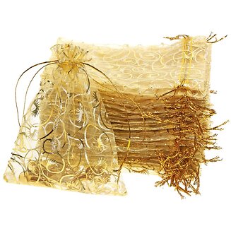 Fako Bijoux - Organza Zakjes - 9x12 cm - Feestzakjes - Snoepzakjes - Cadeauzakjes - Uitdeelzakjes - Sieradenzakjes - Krul Goud - 50 Stuks
