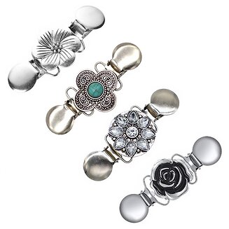 Fako Bijoux - Vestsluiting - Vestclip - Set 4 Stuks - Bloemen - Zilverkleurig