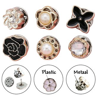 Fako Bijoux - Pin Broche Mini - Steek Pin Knopen Set - 6 Mini Broches - 8-12mm - Silver, Gold, Black, Shiny & Pearl - 6 Stuks - Zilver, Goud & Zwart - Serie 4