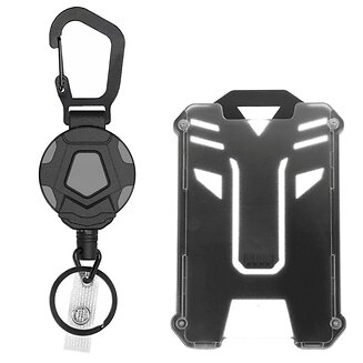 Fako Bijoux - Robuuste Uittrekbare Sleutelhanger Met Koord En Kaarthouder Panter - Met Karabijnhaak En Badgehouder - Pentagoon Duo - 80 cm  Stalen Koord - Veilige Sleutelhanger - ID-Haspel Voor Werk En Evenementen