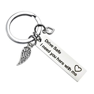 Fako Bijoux - Sleutelhanger Drive Safe, I Need You Here With Me - Vleugel & Hart - Cadeau - Geschenk - Zilverkleurig