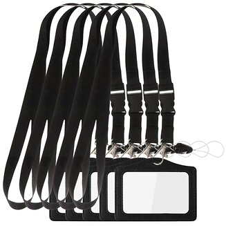 Fako Bijoux - 5x Zwart Keycord + Badgehouder Kunstleer - Sleutelkoord - Badgehouder Horizontaal - 51cm - 20mm - Zwart