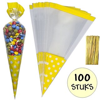 Fako Bijoux - 100x Cellofaan Puntzakken Gele Stippen 37x18cm - Uitdeelzak - Traktatie Zak - Snoepzak - Inclusief Sluitstrips - 18x37cm - Geel - 100 Stuks