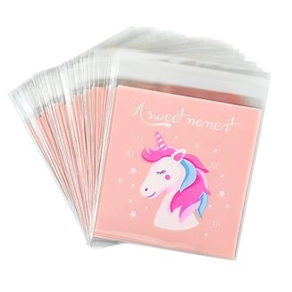 Fako Bijoux - 100x Eenhoorn / Unicorn Uitdeelzakjes - Cellofaan Plastic Traktatie Kado Zakjes - Snoepzakjes - Kinderfeestje - Eenhoorn Print - 10x10cm - 100 Stuks